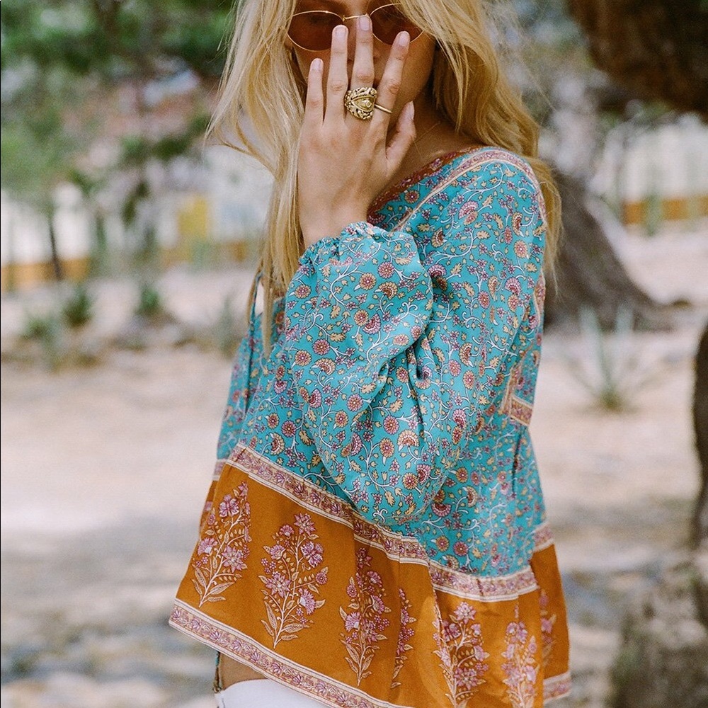 Swingy Floral BLOUSE Allure Teal Orange Top NEW - Picture 2 of 4